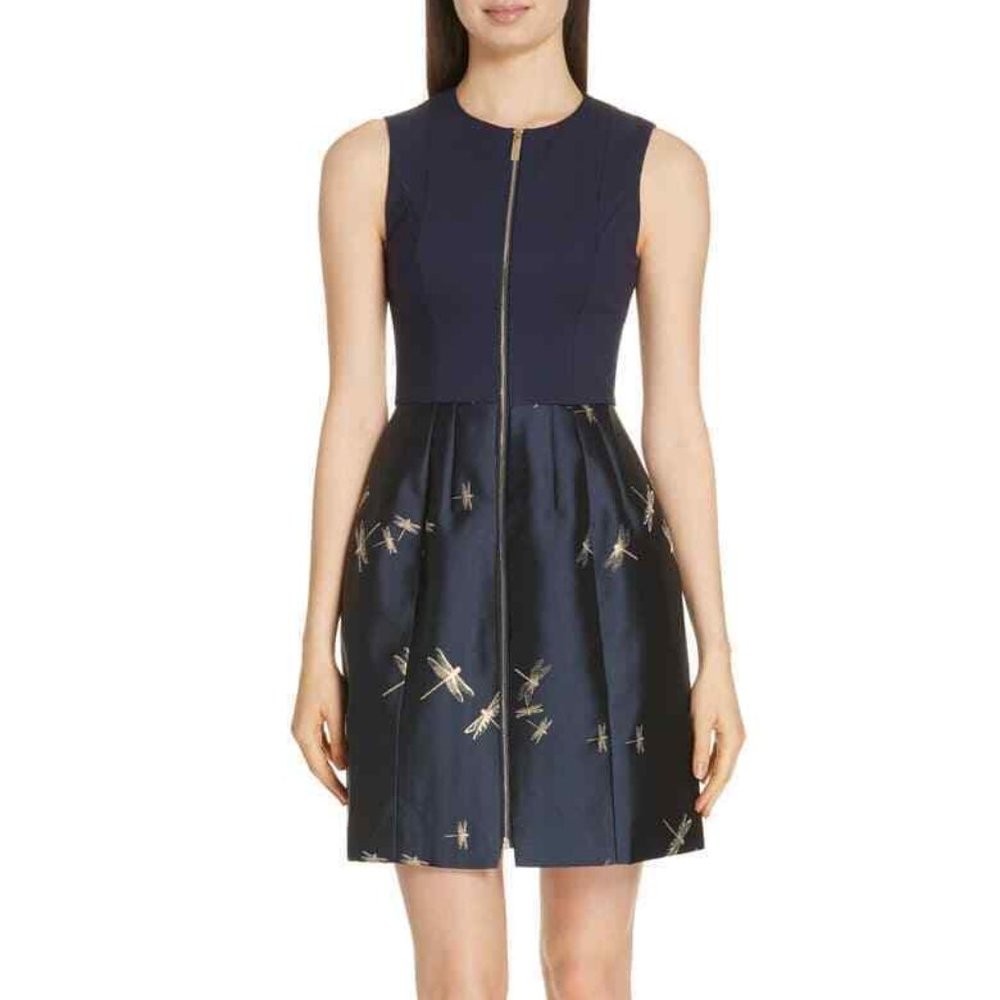 Ted Baker Navy Blue Sugar Plum Dragonfly Jacquard Skirt Dress - US 12